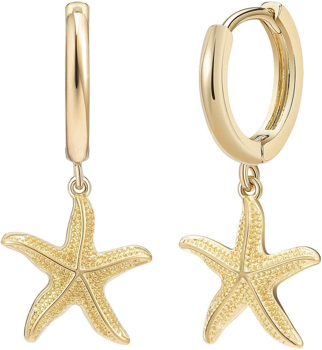 Huggie Earrings for Women - 14K Gold Plated Beach Sea Drop Dangle Earrings - Starfish Butterfly Moon Star Seashell Beachy Jewelry