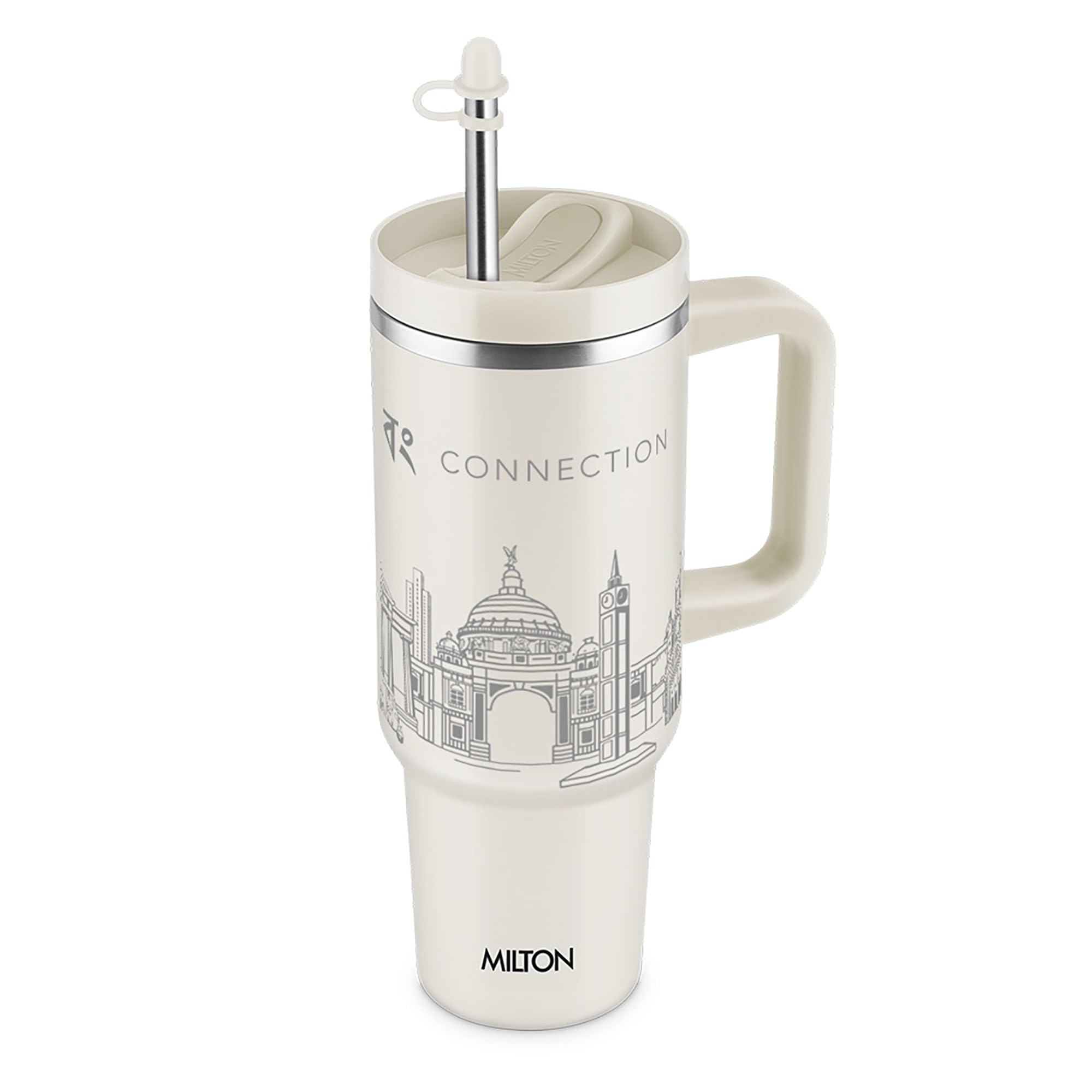 MILTON Malmo 1200 Thermosteel Double Wall Vacuum Insulated Stainless Steel Tumbler with Handle 1100ml, Travel Mug with Straw,Silicon Cap,Cleaning Brush,Hot & Cold Beverage Flask,Kolkata Cream-picture-24