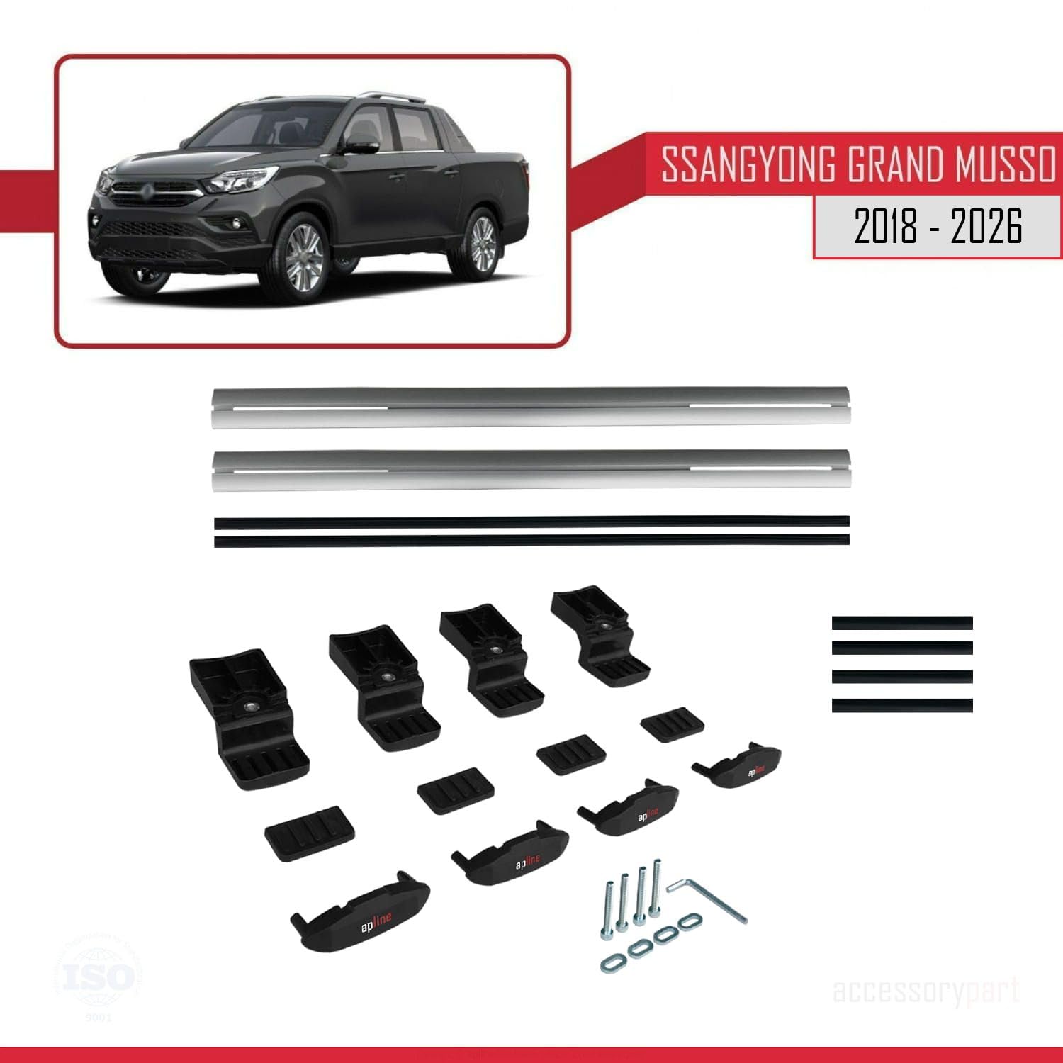 Kompatybilny z Compatible with Ssangyong Grand Musso 2018-2026 BASIC Model Aluminiowy bagażnik dachowy 2 poprzeczki, szary