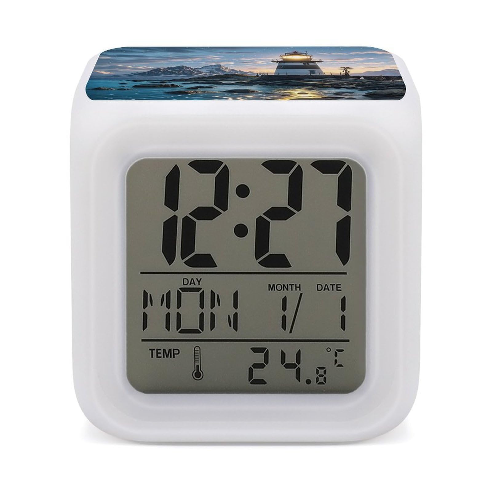 LZQPOEAS Lighthouse by The Sea Alarm Clock Desk Clock with 7 Color Changing Night Light Digital Clocks with Temperature Display Sleep Training and Sound Machine for Heavy Sleeper