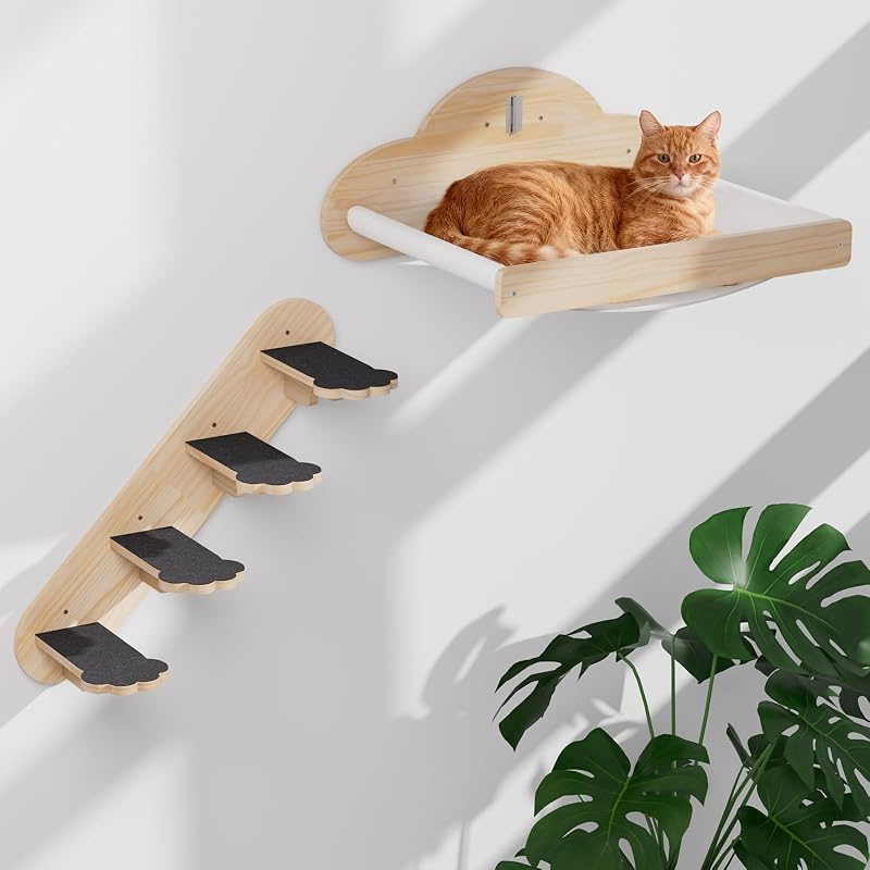 Escada de Parede para Gatos com Rede e 4 Degraus XiaZ de Madeira (até 13,6 kg)