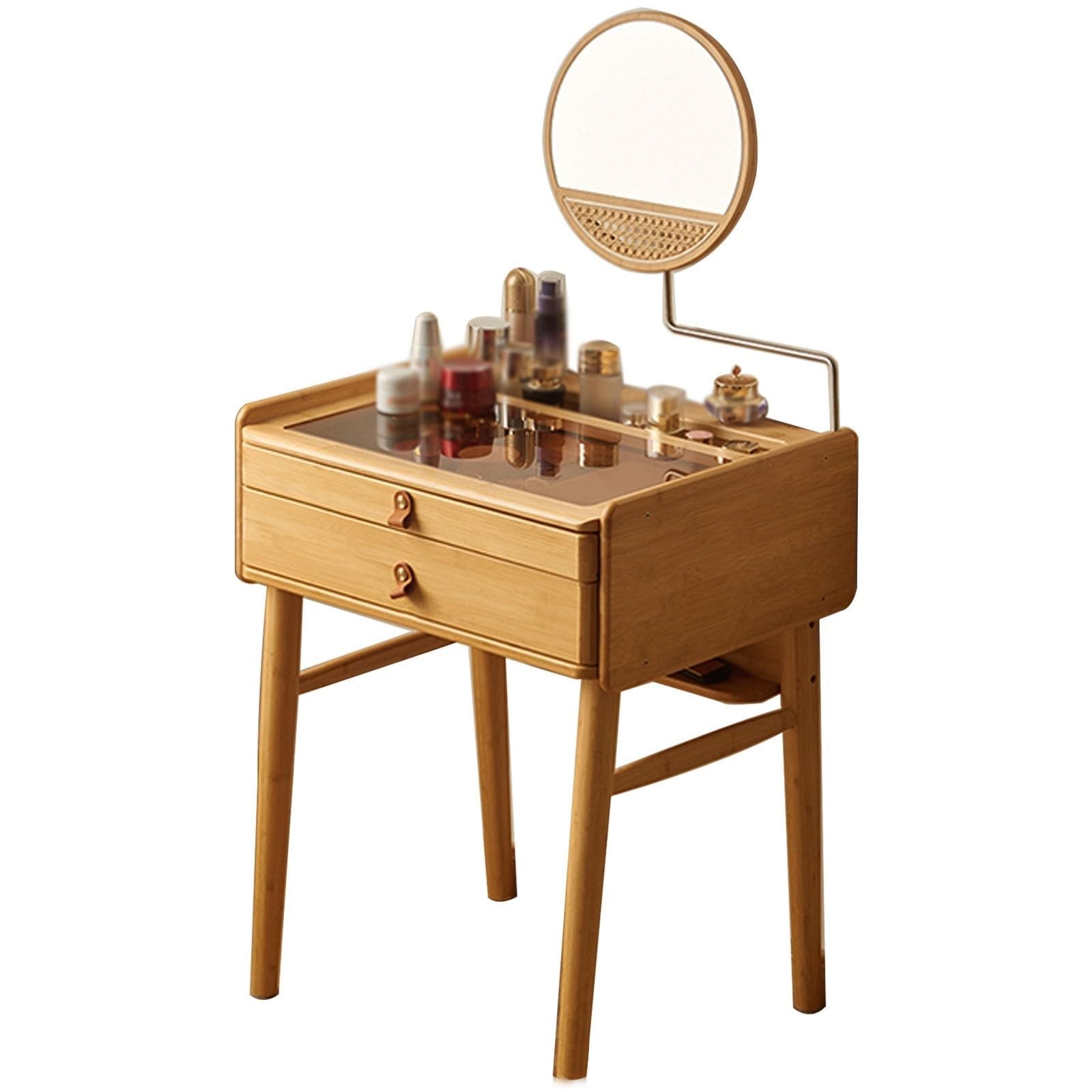 asdchZen Adjustable Bamboo Makeup Table With Glass Top, Compact Dressing Vanity Desk For Small Apartments, Durable & Stylish Room Furniture