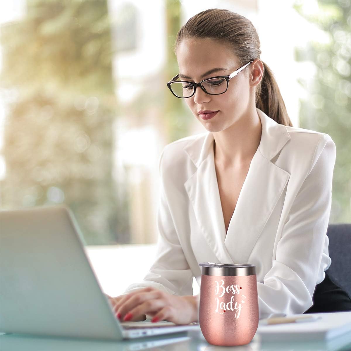 Get Special Price Boss Lady Wine Tumbler Cupcake Wine Socks Set, Bosses Day Christmas Gifts for Women Boss Mom Female Friends, Insulated Stainless Steel WineTumbler with Lid, Socks, Opener, Stopper (12 oz, Rose Gold)