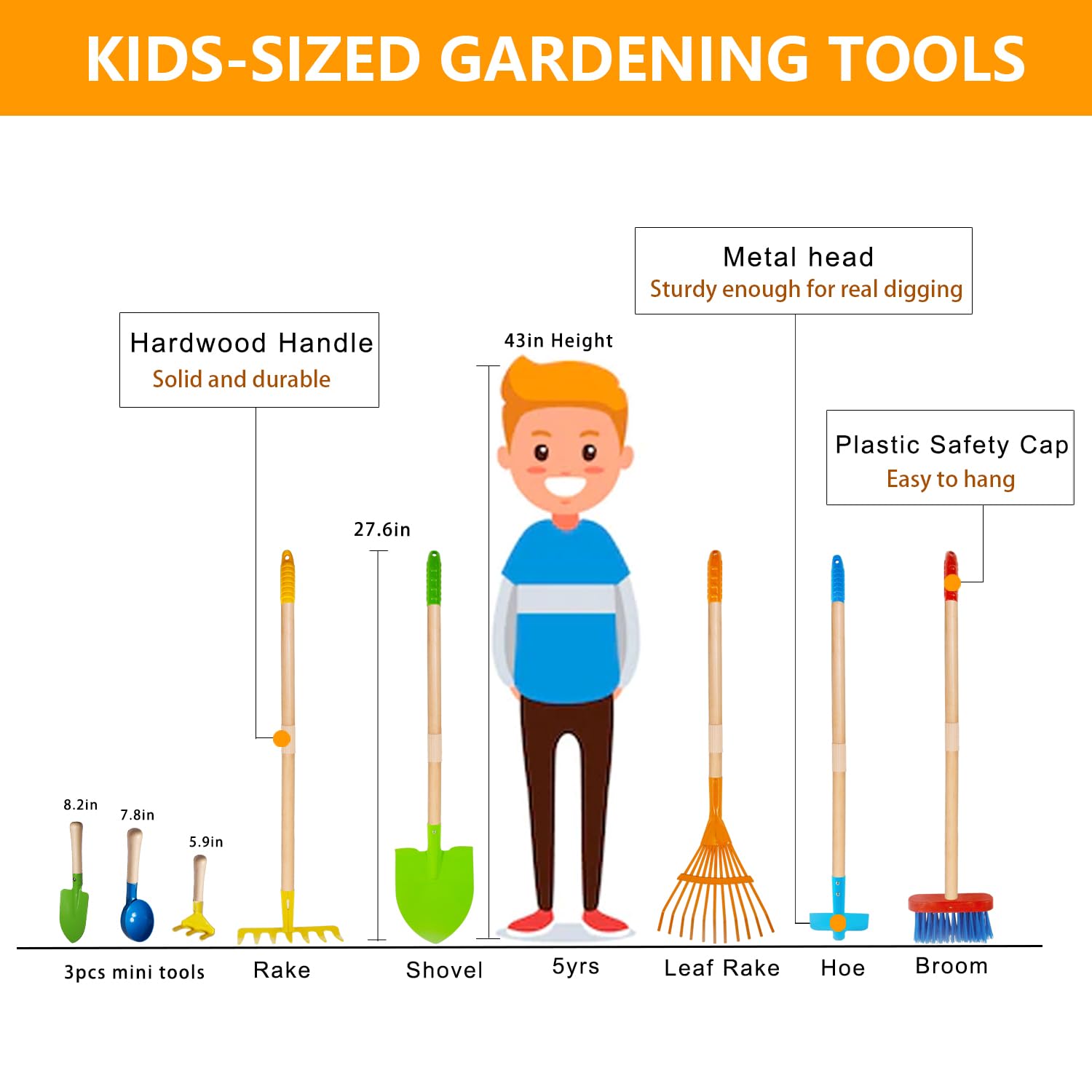 8 herramientas de jardinería para niños, juego de rastrillo y pala para niños, herramientas de patio al aire libre, juguetes de jardín, regalos para niños y niñas de 3, 4, 5, 6, 7, 8 años 2