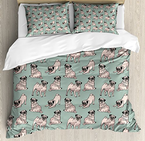 Ambesonne Pug Duvet Cover Set, Dogs Various States Sitting Standing Stretching Cartoon Style Pet Drawing, Decorative 2 Piece Bedding Set With 1 Pillow Sham, Twin Size, Turquoise #TOP23