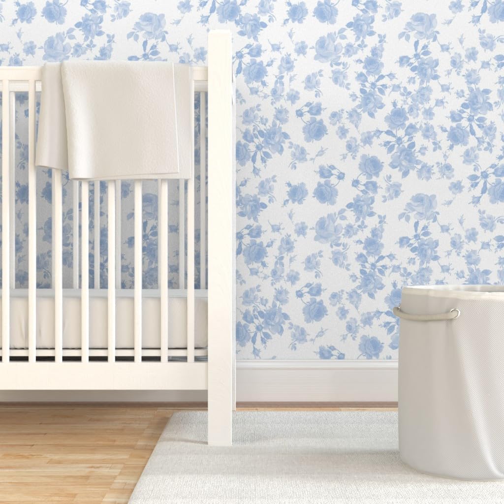 Spoonflower Peel & Stick Wallpaper 3ft x 2ft - Blue Roses Faded Shabby Chic Roses White Floral Cottagecore Vintage Chintz Custom Removable Wallpaper