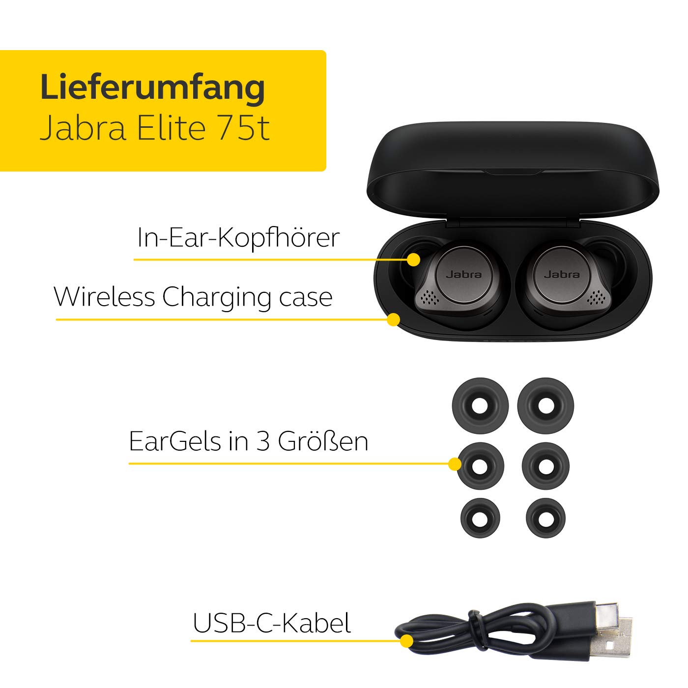 Jabra Elite 75t Auricolari Wireless Con ANC E Ricarica Wireless – Batteria 24 Ore, IP55, Personalizzazione Audio – Nero Titanio