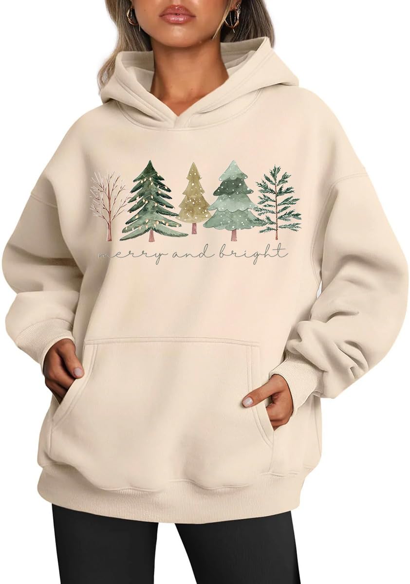 Earlymemb Women's Merry Christmas Oversized Hoodies Fleece Sweatshirts Funny Chenille Patch Xmas Holiday Pullover with Pocket