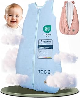 KUNU® Baby Schlafsack 2 Tog - 60cm weicher Bio Musselin Schlafsack Baby bis ca. 3 Monate - Hautfreundlicher Babyschlafsack Neugeborene für das ganze Jahr - Pflegeleichter Ganzjahresschlafsack