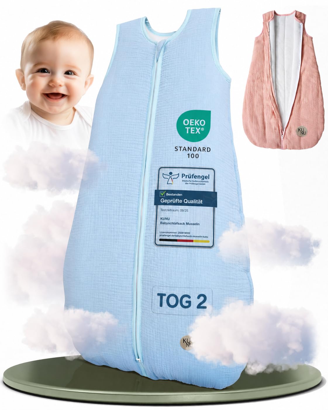 KUNU® Baby Schlafsack 2 Tog - 60cm weicher Bio Musselin Schlafsack Baby bis ca. 3 Monate - Hautfreundlicher Babyschlafsack Neugeborene für das ganze Jahr