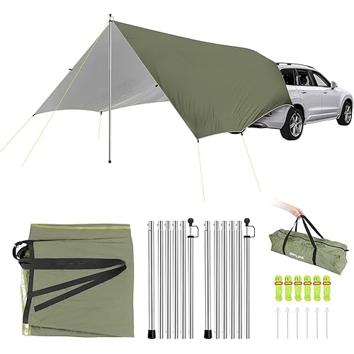 SANLIKE Car Awning Camping Tailgate Tent, Car Tent Tarp with Adjustable Tent Poles, Tailgate Awning, Waterproof Portable Tarp Multifunctional Sun Shelter for SUV Jeep Truck Outdoor Canopy
