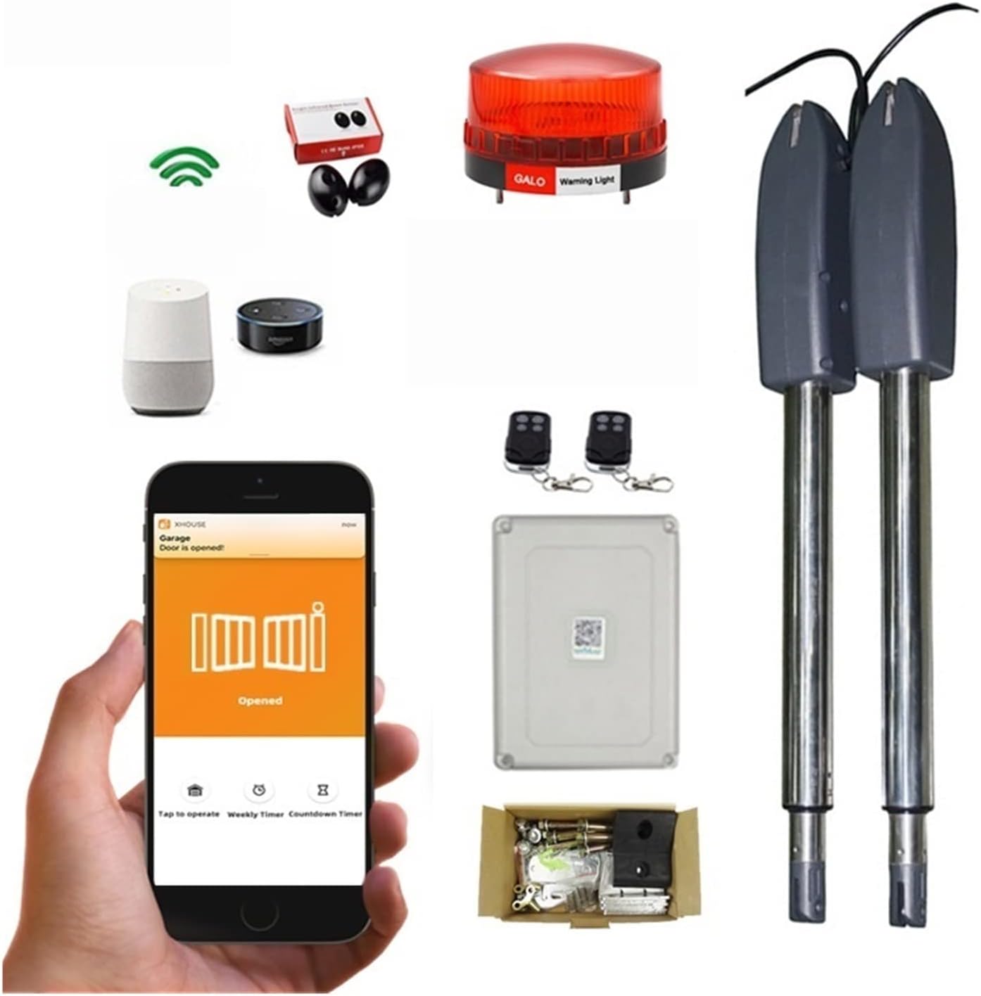 A collection of gate opener accessories including remote controls, photocell sensors, a warning light, and smart home integration devices like Google Home and Amazon Alexa.