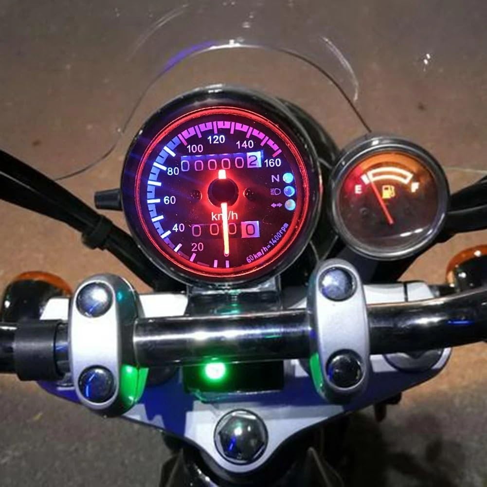 Motorcycle Odometer Gauge 12V Universal Motorcycle Tachometer Odometer with Blue Turn Signal Headlight Indicator Motorbike Gauge Digital Dash