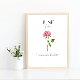 June Birth Month Flower With A Watercolor Pink Rose, Christian Birthday Gift Idea, Proverbs 31:25 Floral Scripture June Birth Month Flower With A Watercolor Pink Rose