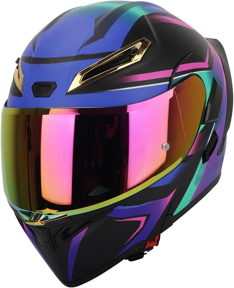 Womens Motorcycle Helmet with Bluetooth - DOT Modular Motorcycle Helmets with Dual Visor, Flip Up Full Face Purple Helmet with Speaker and Mic