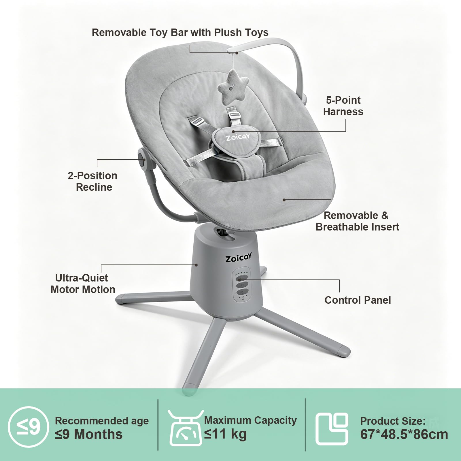 Zoicay Mecedora Bebe Electrica con 3 Modos y 5 Velocidades | Hamaca Bebé Respaldo Ajustable, Función de Temporización y Música Mando a Distancia y Bluetooth para bebe 0-9 Meses (Gris)