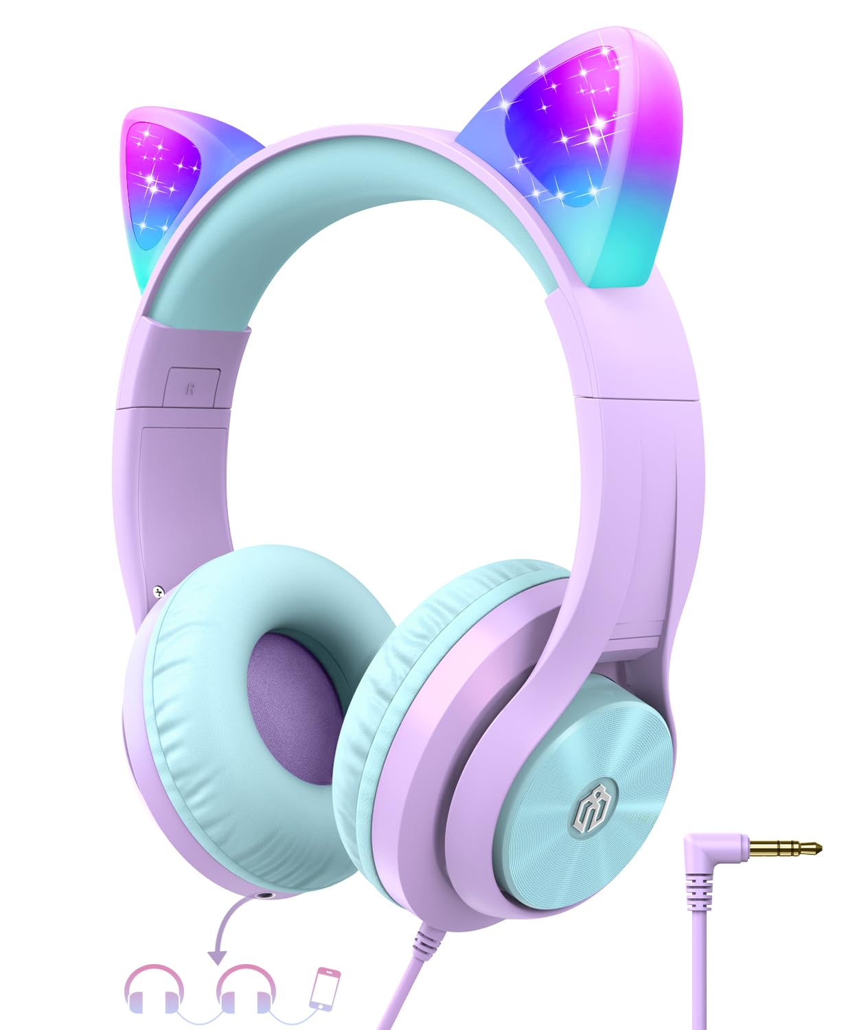 iClever Kids Headphones with Cat Ear Led Light Up, Safe Volume 85dBA Kids Wired Headphones with FunShare Foldable Over-Ear Headphone for School/Tablet/Travel