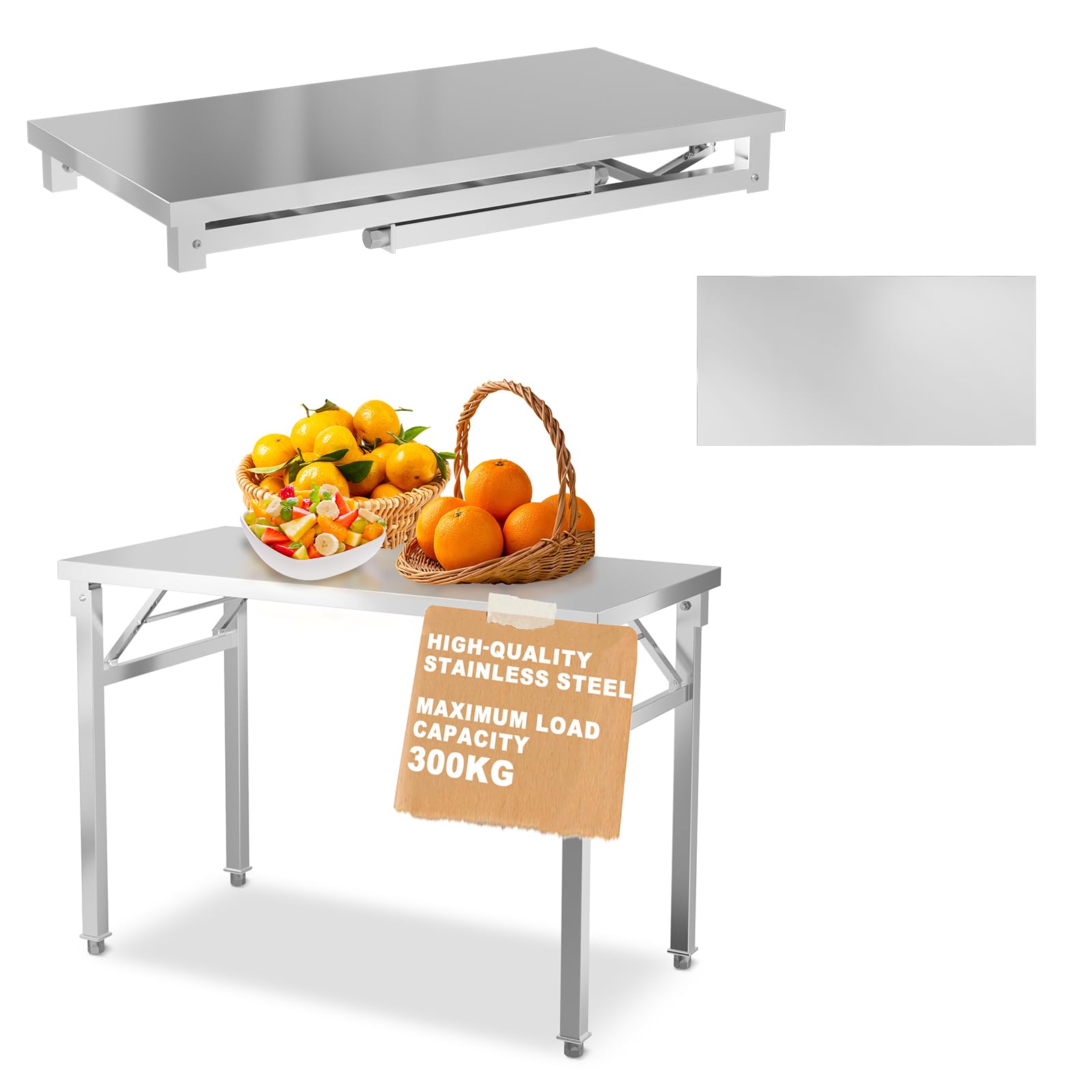 ACXIN Mesa plegable de acero inoxidable S, mesa de trabajo plegable, soporta hasta 300 kg, mesa de cocina, mesa de servir, higiénica y robusta, móvil para gastronomía, catering, taller, exterior (100