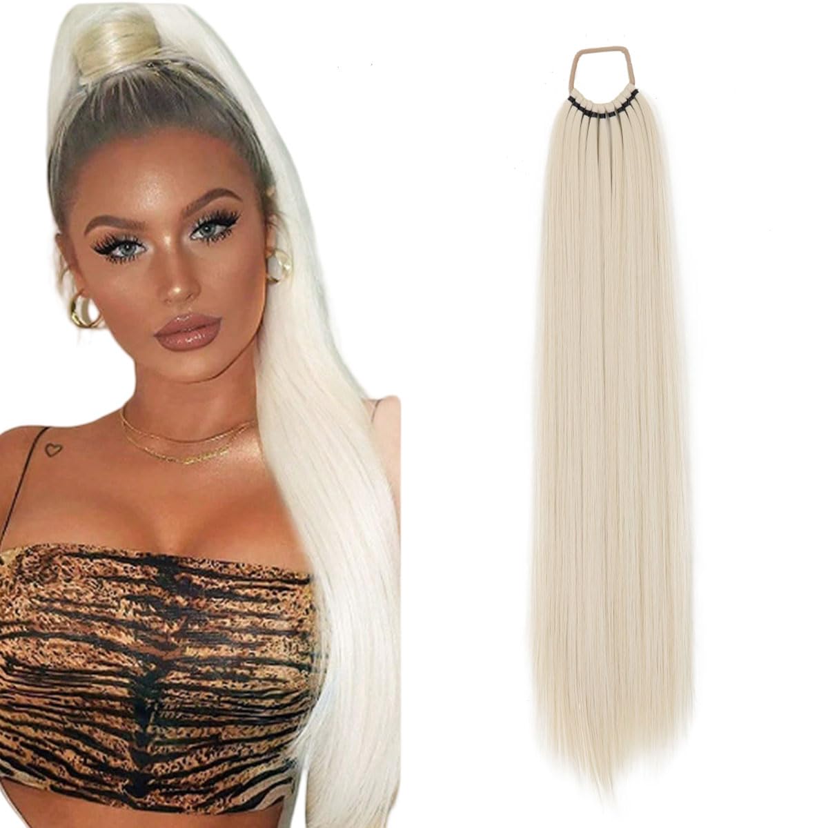prinfantasy Hair Extensions Long Straight 60CM Ponytail Extension Blonde Halo Hair Extensions Scrunchies Ponytail Balayage for Women White Blonde Hair,GBMW283