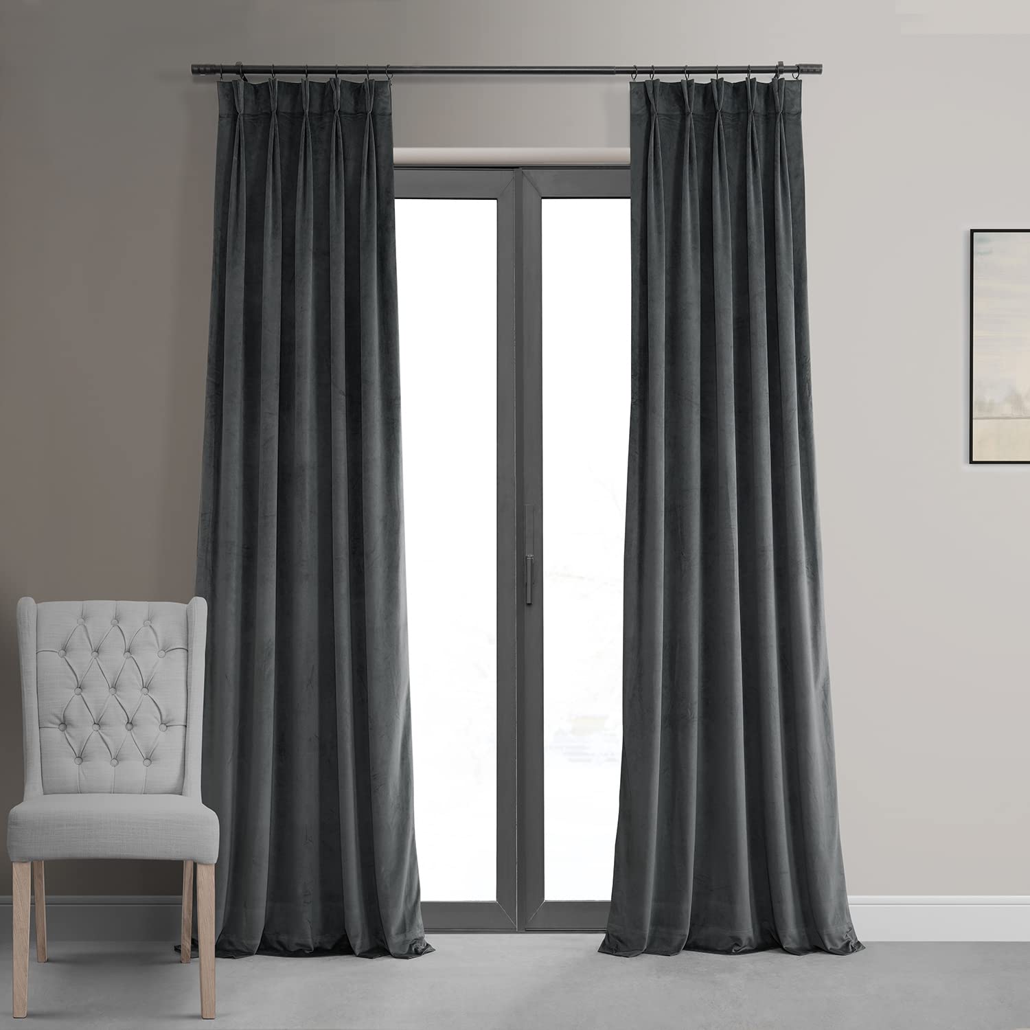 hpd half price drapes velvet blackout curtains/drapes - 108 inches long 1 panel blackout curtain signature pleated for living room & bedroom - 25w x 108l, natural grey