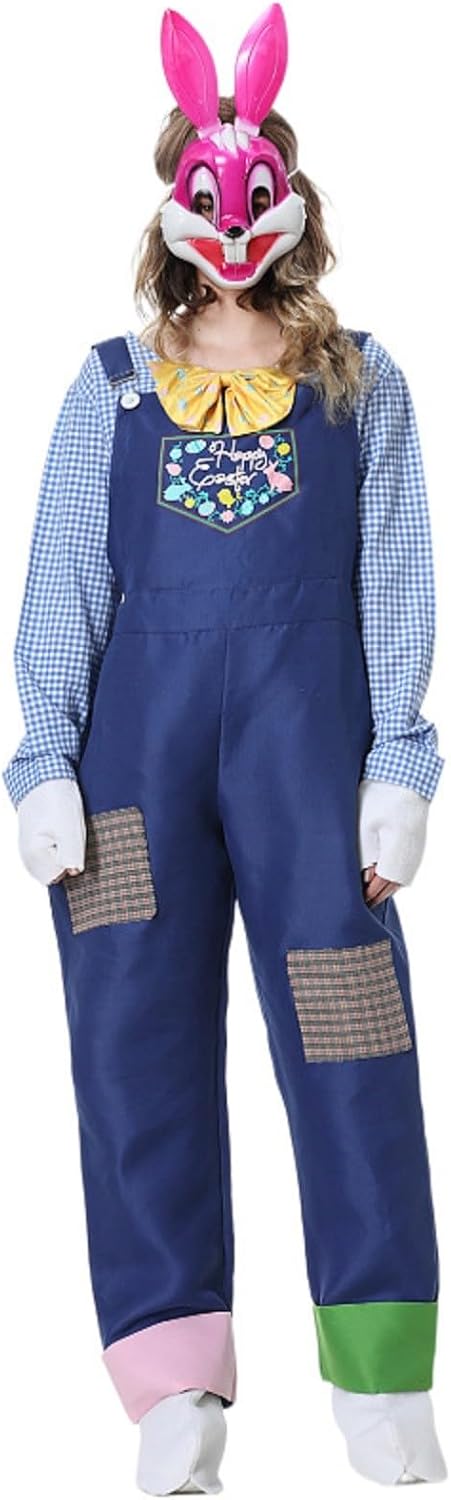 Kids Easter Bunny Overalls Set Denim Dungarees+Shirt+Gloves+Eye Patch+Foot Cover 5pcs Outfits Set with Pom Pom Tail