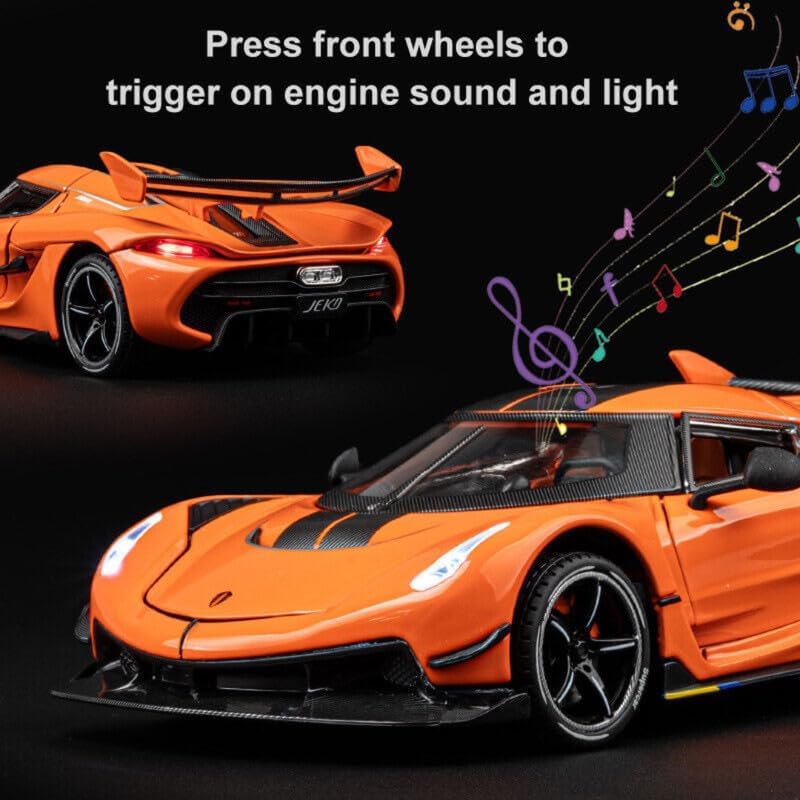 Image of 1:24 Koenigseggg Jesko Sport Alloy Metal Pull Back Die-cast Car Openable Doors and Light Music Toy Car for Kids (1:24 Koenigsegg - Orange)