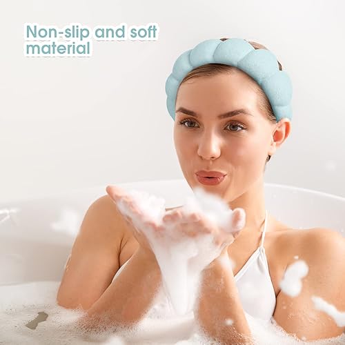 Miniatura 2 de Diadema de esponja para mujer, toalla de toalla de spa con 2 muñequeras, material suave y absorbente, accesorios para el cabello para lavado facial,