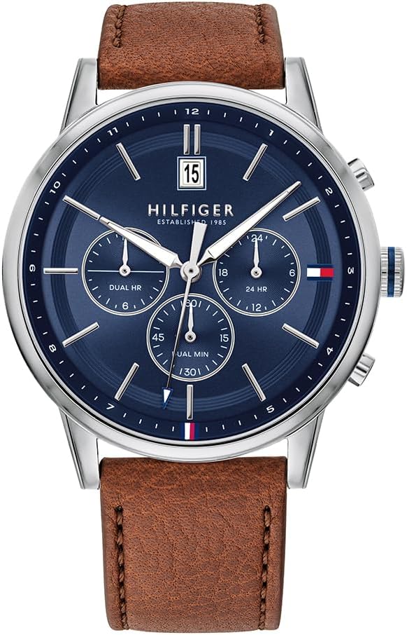 Tommy Hilfiger Men’s 44mm Multifunction Quartz Watch – Navy Blue Dial, Light Brown Leather Strap, 3 Sub-Dials, 5ATM Water Resistant – 1791629