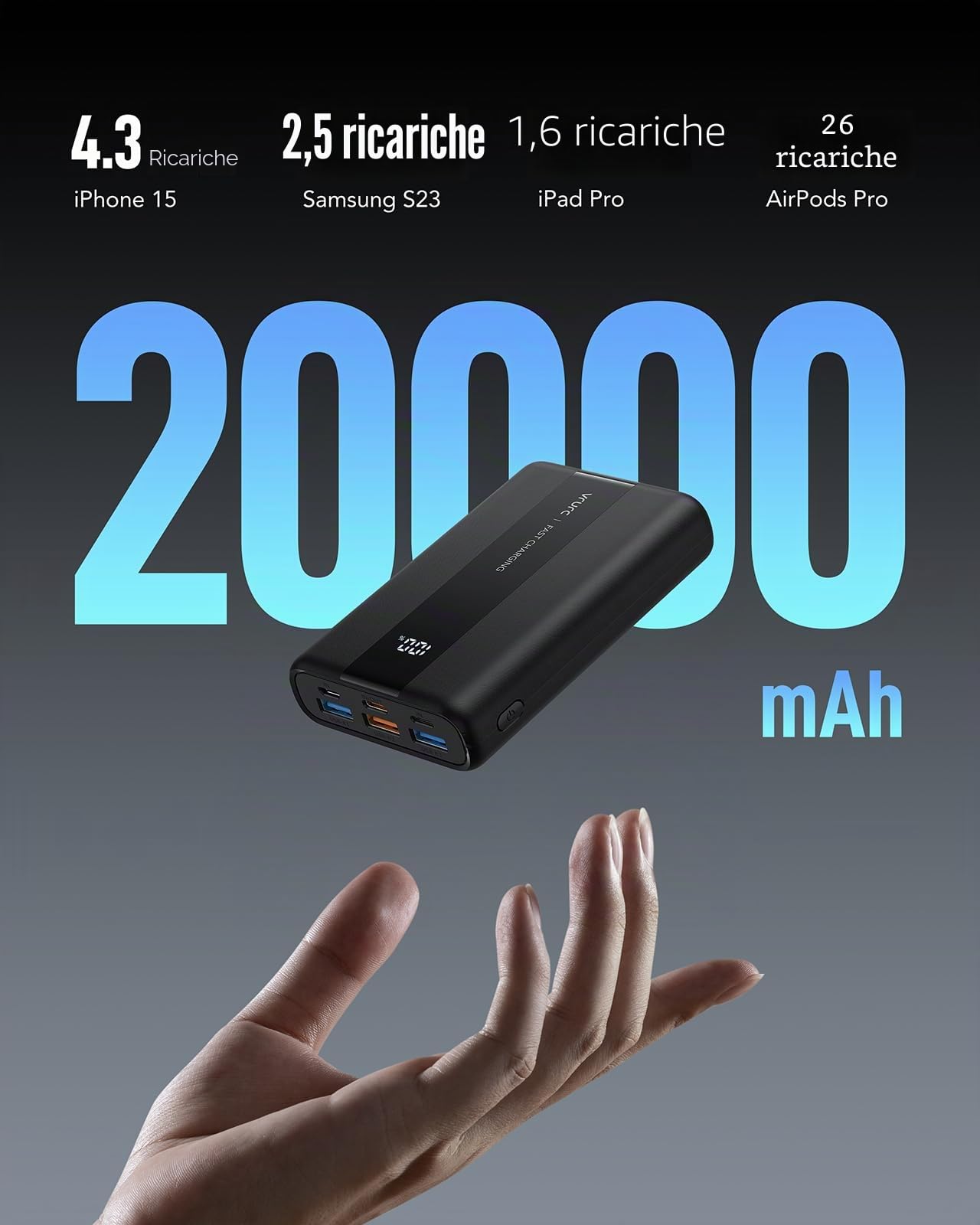 VRURC Power Bank 20000mAh, 22.5W Ricarica Rapida Caricatore Portatile con 3 uscite e 4 ingressi, PD3.0 QC4.0 USB C Compatto Powerbank Mini, Display a LED Batteria Esterna per iPhone Samsung Huawei ecc