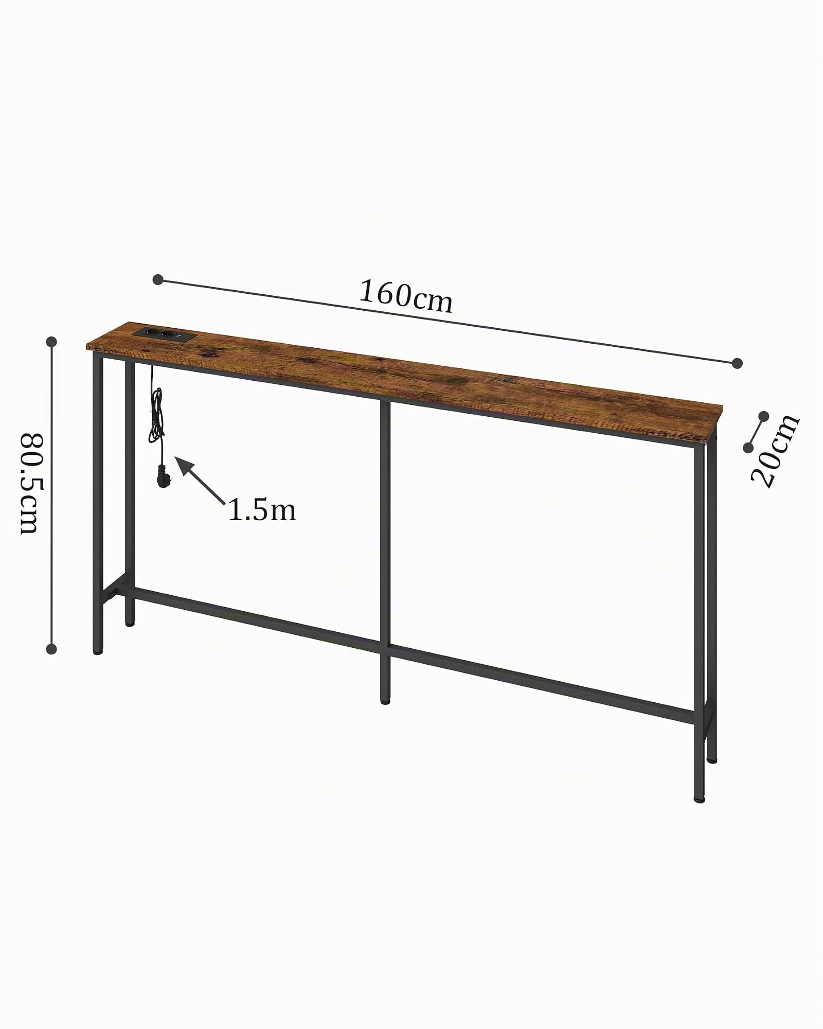 Meuble Entree Couloir Industriel Bois, Console Meuble, Console Entree Bois avec 2 Prises et 2 Ports USB(160 x 20 x 80.5 cm)