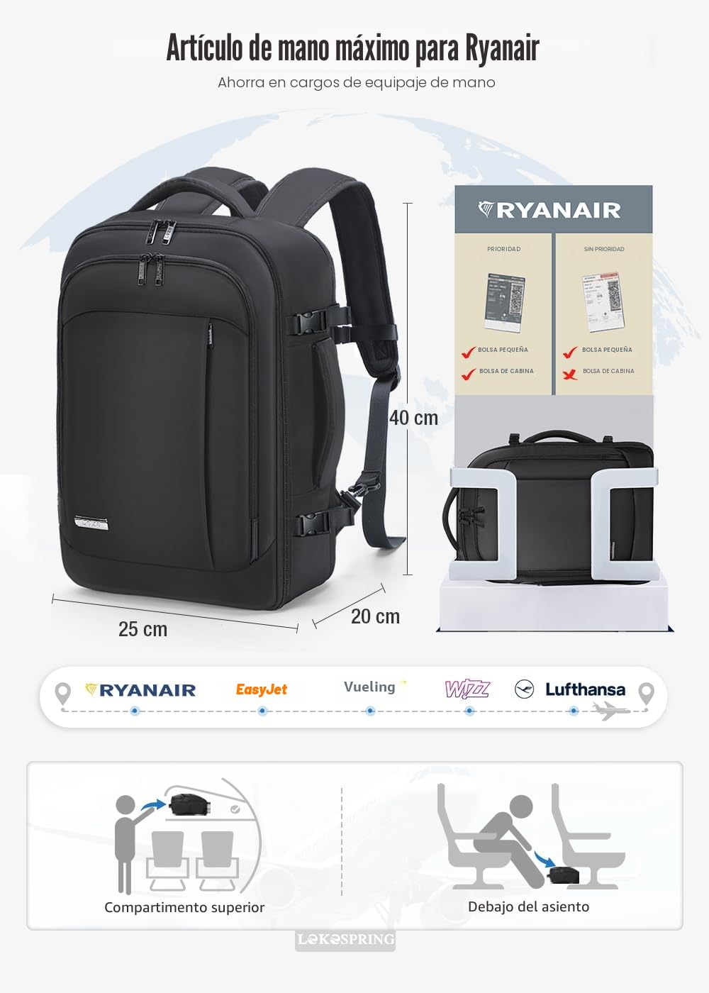 Mochila de Viaje Cabina 40x20x25 20L Compartimento Húmedo 6 Bolsas Organizadoras Negocio Escuela Negro