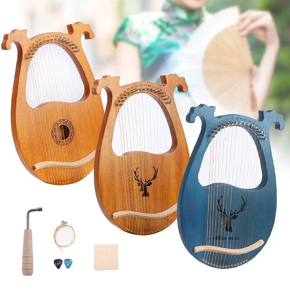 Instrument à Cordes en Acajou Massif Lyre Portable à 16 Cordes avec Clef d'accordage Sculptée, Touches de Notes, Micro (Couleur Bois - Motif)