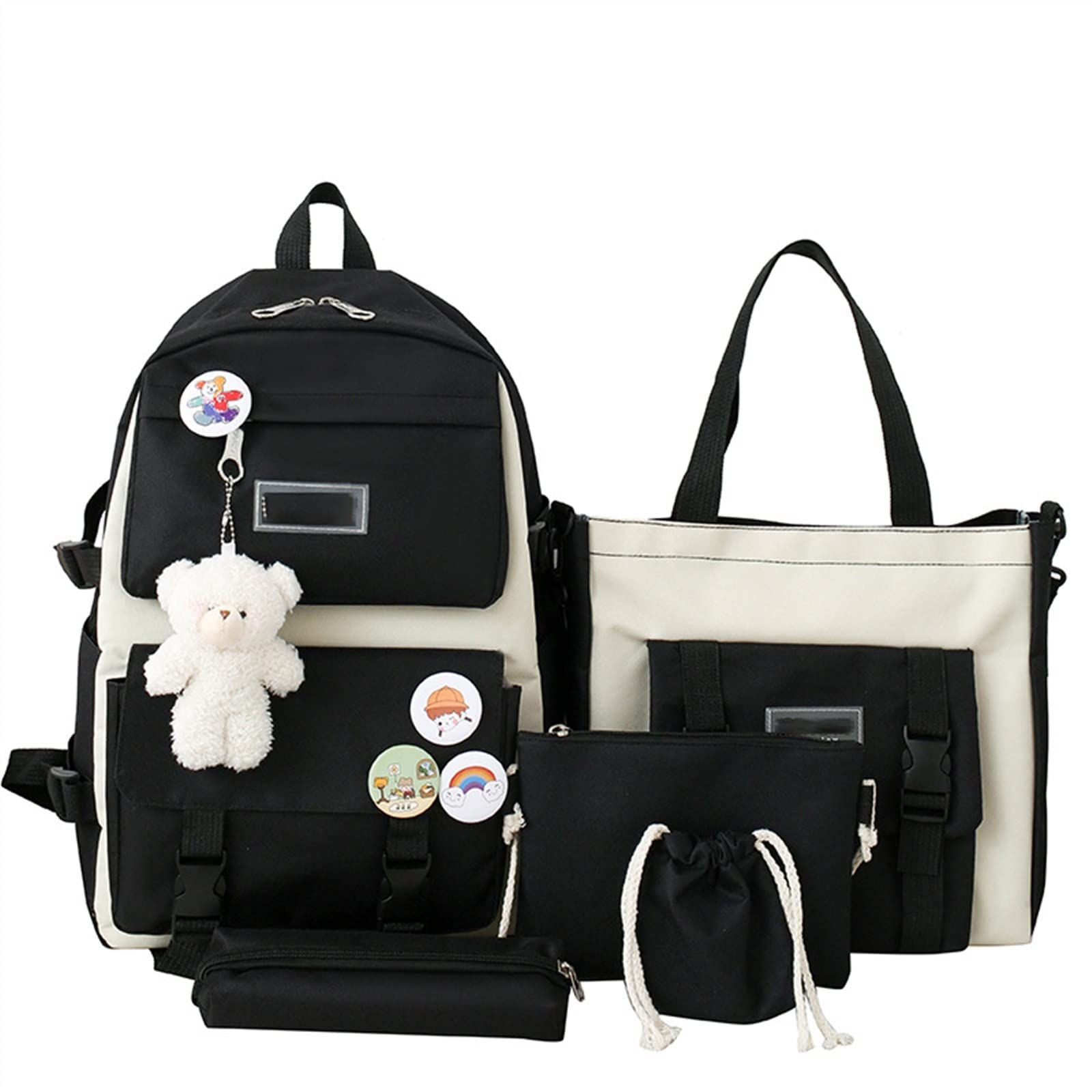 XTRANSFXTRANSF Kawaii Backpack 5pcs Set Aesthetic School Bags, Japanese Backpack with Badge & Pendant, Backpack Cute Aesthetic (B-Black), unisex