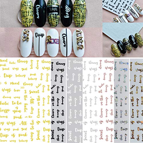 EOOTO Holographic Letters Nail Art Stickers 7 Sheet English Nail Decals Letter Words Nail Tips Stickers Laser Nail Adhesive Decals for Women Girls DIY Design Manicure Decoration Supplies