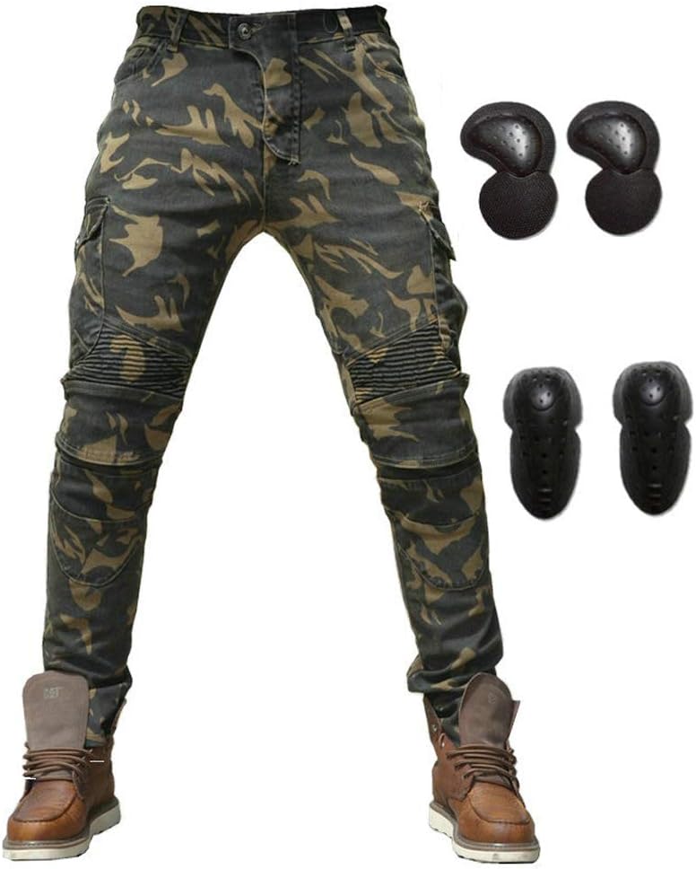 Takuey Camouflage Motocross Racing Pants Motorcycle Riding Denim Jeans with 4 X Armor Protector Pads