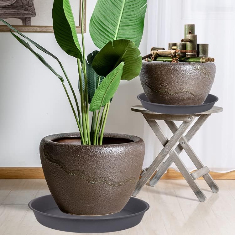 Miniatura 4 de Platillo de plástico para plantas de 22 pulgadas, paquete de 2 bandejas de goteo grises duraderas para maceta, bandeja de drenaje resistente para