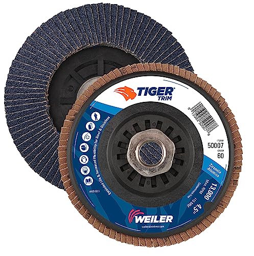 Image of Weiler 50007 Tiger 5 /8 inch-11 Arbor, 4-1 /2 inch Diameter, 60 Grit, Zirconium, Trimmable Composite Backing, Angled Abrasive Flap Disc