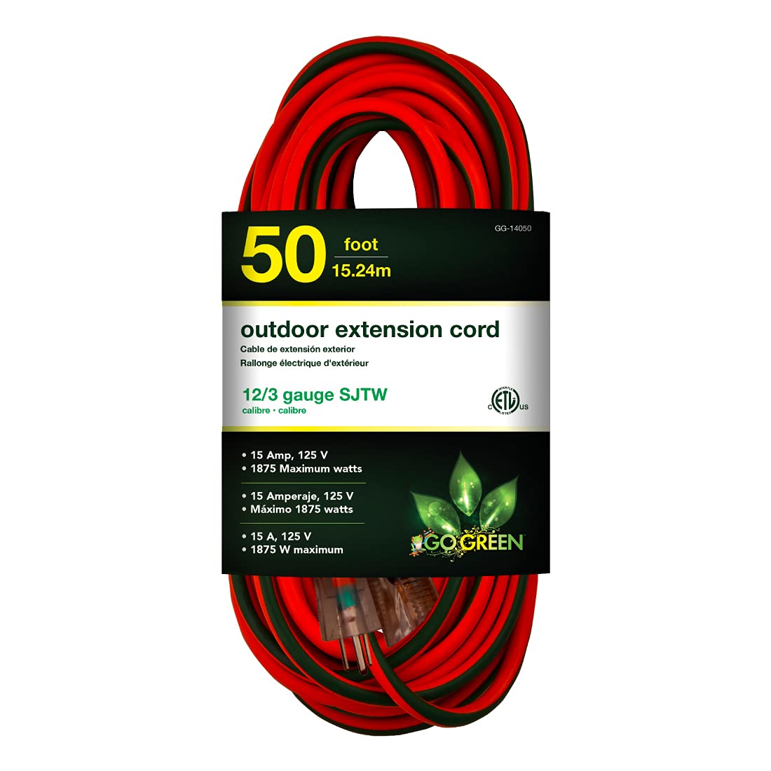 GoGreen Power GG-14050-12/3 50' SJTW Outdoor Extension Cord - Lighted End