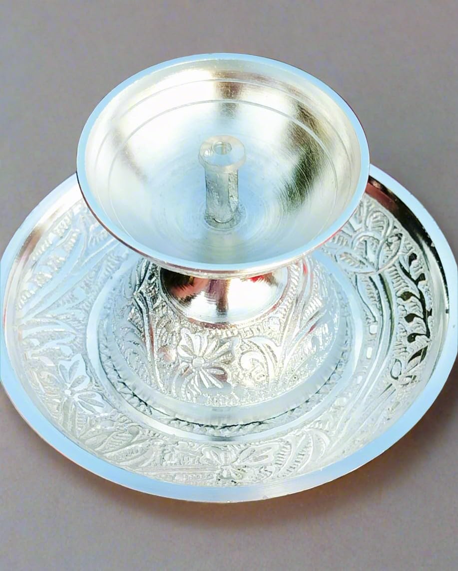 indiancraftsbykanika German Silver Daily use Akhand Diya with aarti Plate Set, Set of 2 Pair(4 Pieces) for Housewarming/Diwali/Vara Lakshmi Pooja