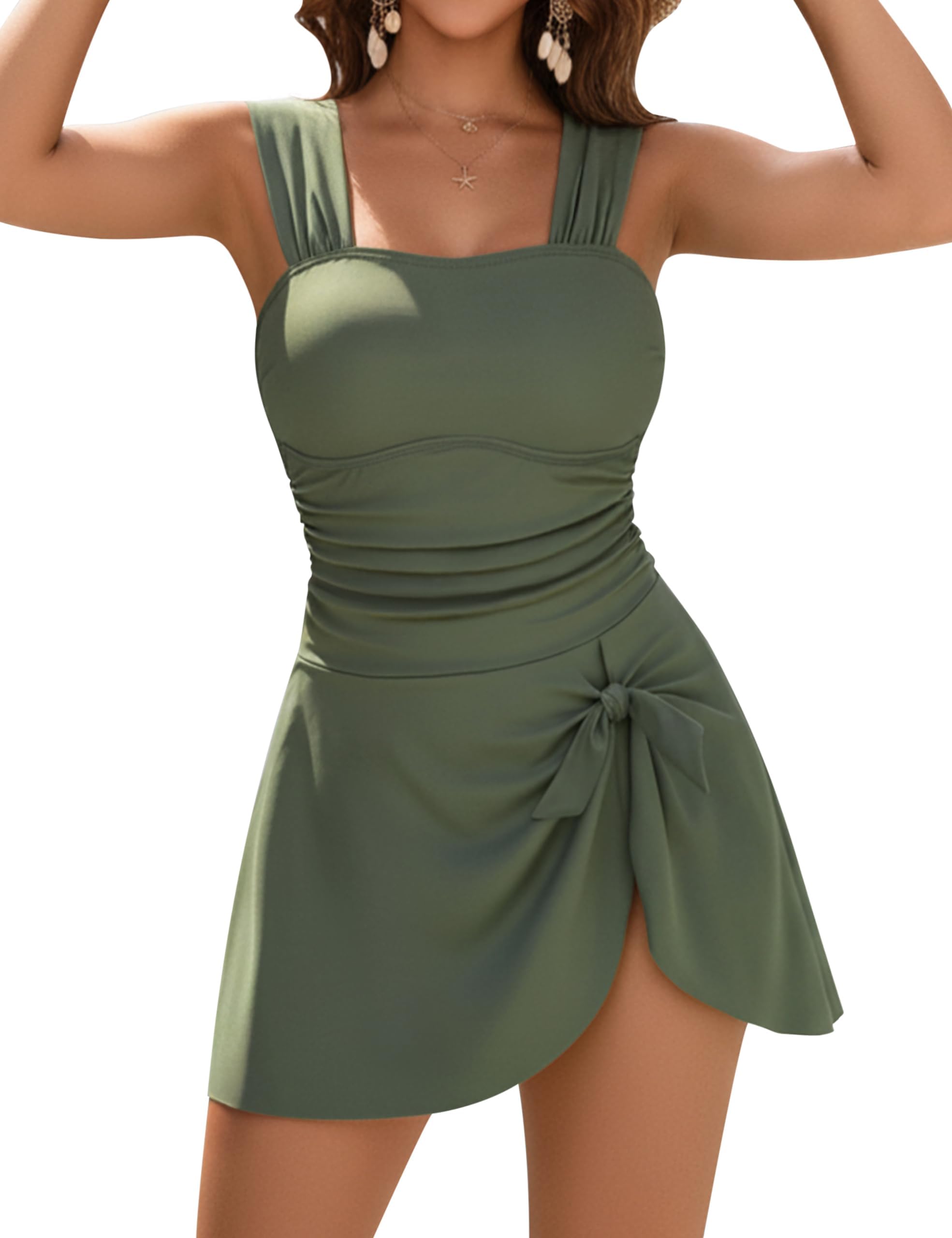 Blooming Jelly Womens One Piece Swim Dress Retro Tummy Control Modest Swimsuit Ruched Wide Strap Square Neck Bathing Suit