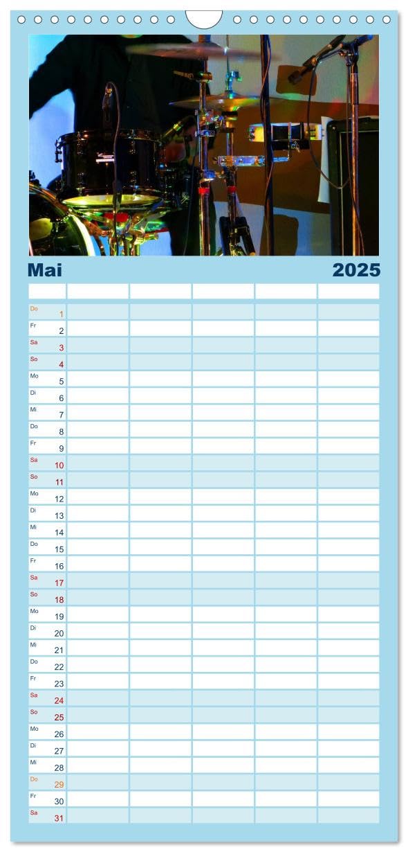 Familienplaner 2025 - Schlagzeug onstage mit 5 Spalten (Wandkalender, 21 cm x 45 cm), CALVENDO: Eindrucksvolle Konzertaufnahmen und Closeups von verschiedenen Schlagzeugen (CALVENDO Kunst)