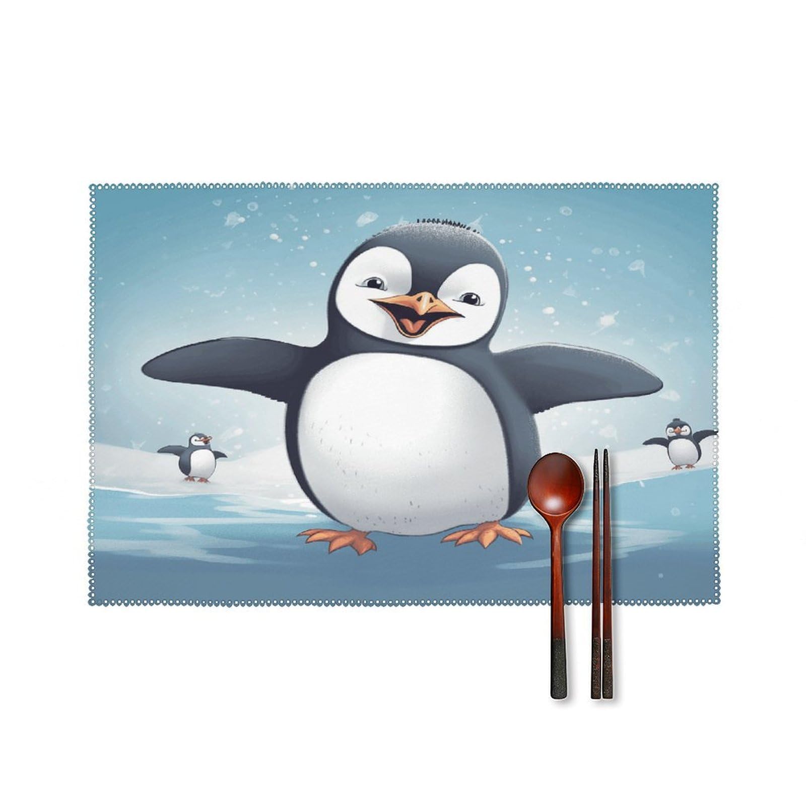 Happy Penguin Placemats Set of 4 Heat Resistant Non-Slip Place Mats for Dining Table Washable Placemat Wipeable Dining Table Mat Canvas Place Mats Dining Table Decor
