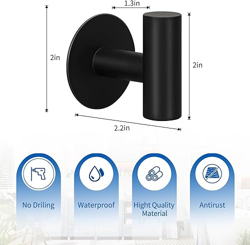 Miniatura 5 de Paquete de 4 ganchos adhesivos negros mate, acero inoxidable para dormitorio, cocina, hotel, oficina
