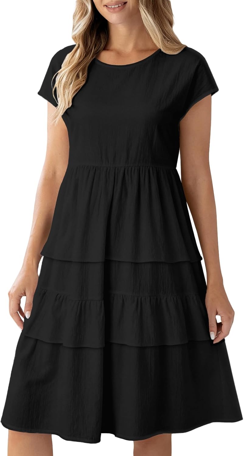 MARSVOVO Womens Layered Summer Dresses Everyday Casual Flowy Tiered Midi Dress Trendy Short Sleeve Relaxed Swing Dress
