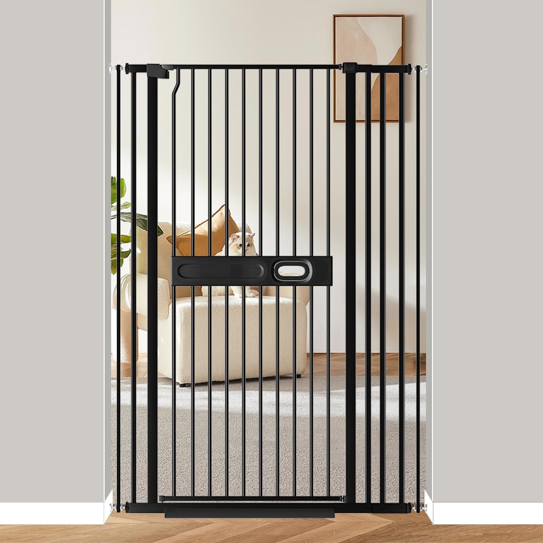 57" Extra Tall Cat Gate, 29.6"-37.4" Extra Wide Tall Pet Gate Dog Barrier, Cat Proof Metal Gate Indoor for Doorway, Pressure Mounted Pet Safety Gate for Stairs Hallway Kitchen Black