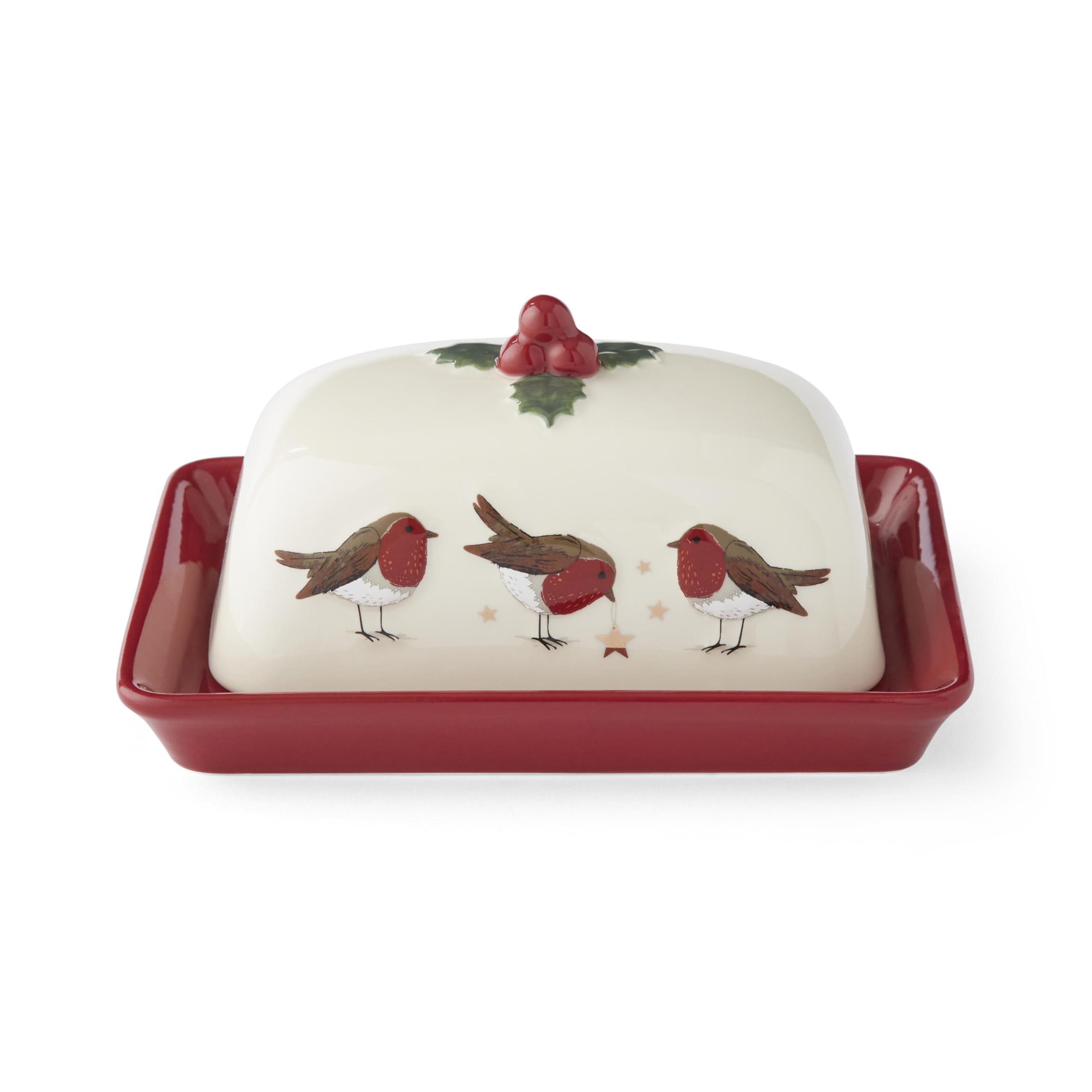 Cooksmart Christmas Robins Retreat Butter Dish | Glass Butter Dish with Lid for Kitchen & Table | Durable Ceramic & Glass Storage Container | Festive Robin Design Butter Tray for Everyday Use