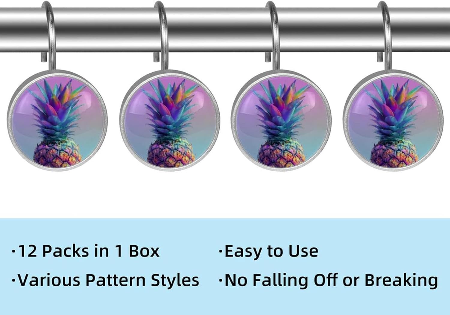 12PCS Colorful Pineapple Tropical (3) Shower Curtain Hooks Rings for Bathroom, Decorative Shower Curtain Hooks Rods Curtains and Liner
