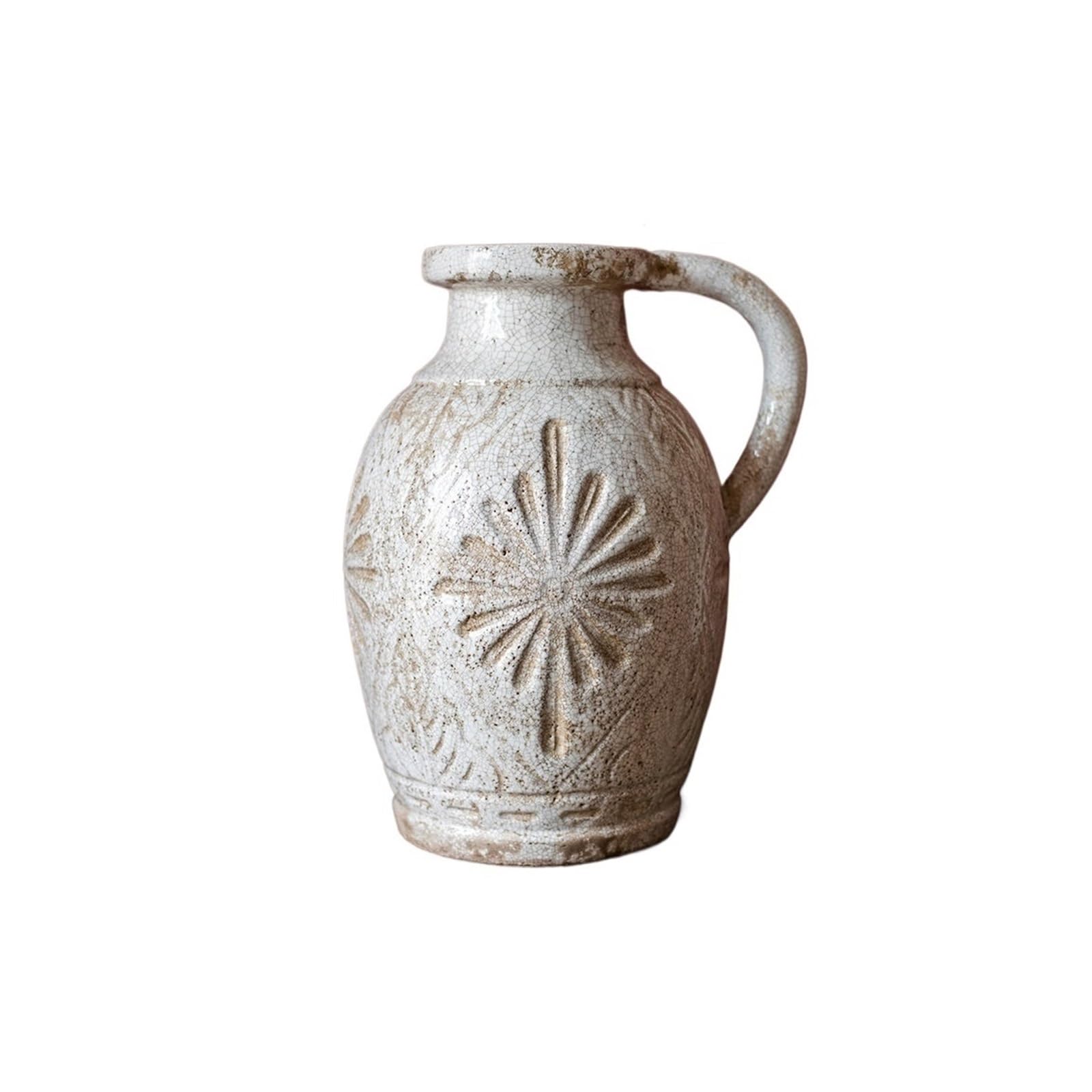 Elegant Large Rustic Ceramic Pitcher Vases 42.5cm Distressed White Vase with Embossed Pattern for Farmhouse Table Centerpieces
