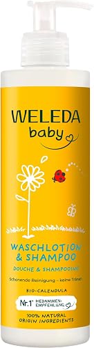 WELEDA Bio Calendula Baby XL Wash Lotion & Shampoo Vegan - Natural Cosmetics Shower Gel for Skin Care / Hair Care in Newborns. Baby Care Shower for Sensitive Skin, Mild to the Eyes (1 x 400 ml)