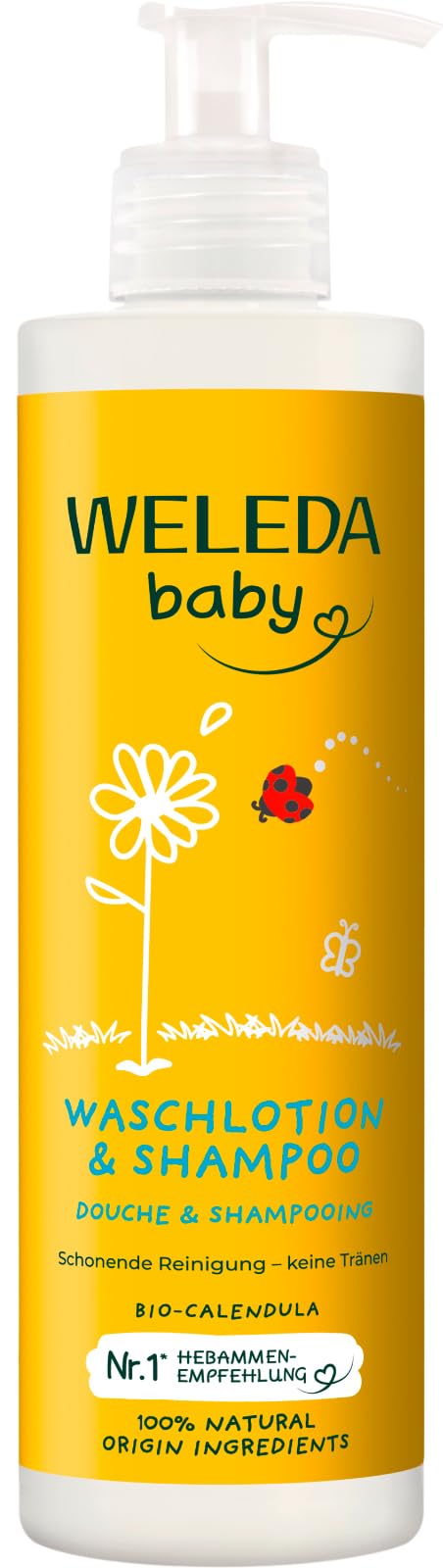 WELEDA Bio Calendula Baby XL Waschlotion & Shampoo vegan - Naturkosmetik Duschgel zur Hautpflege / Haarpflege bei Neugeborenen. Babypflege Dusche für empfindliche Haut, mild zu den Augen (1x 400ml)